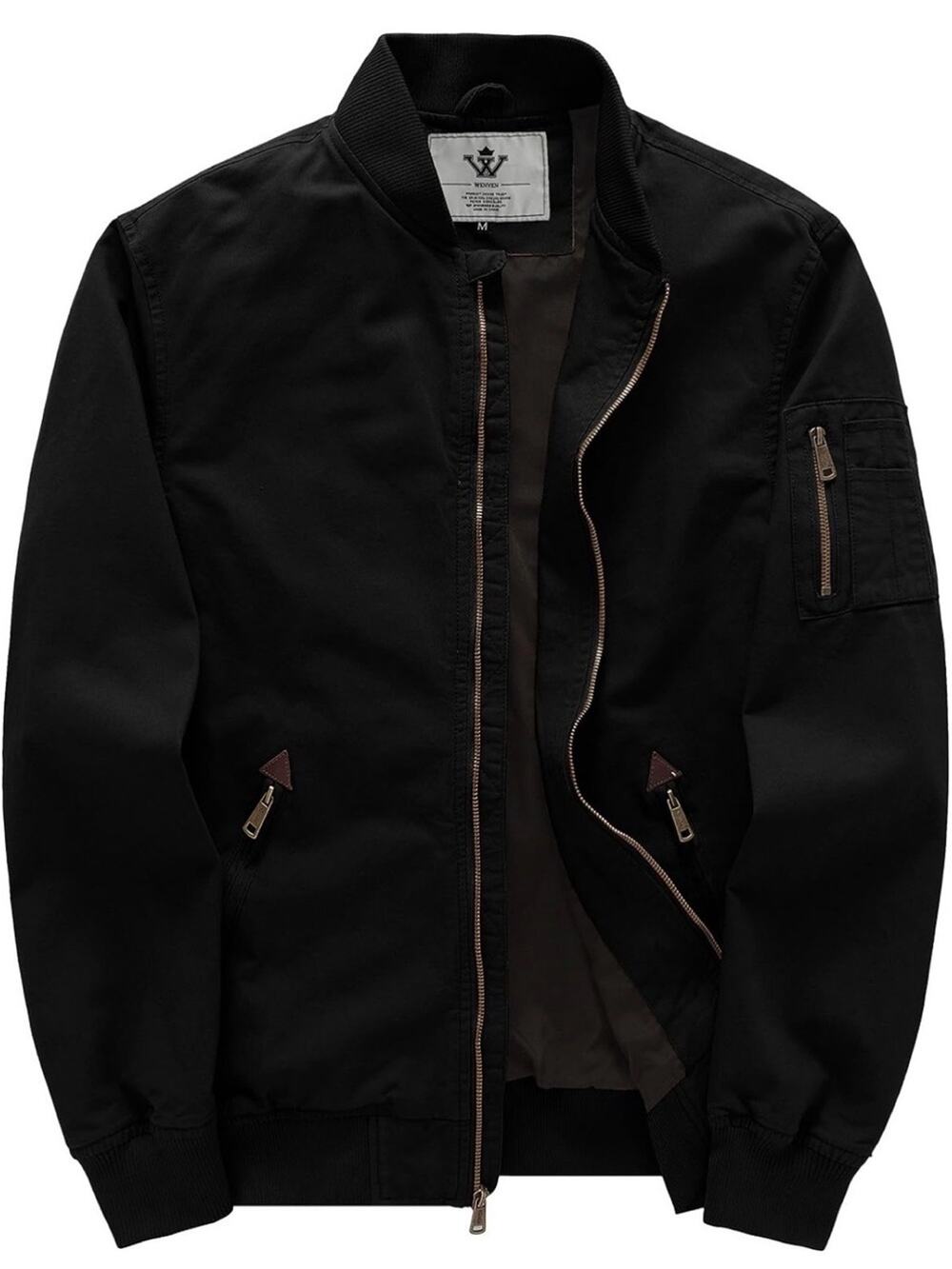 WenVen Black Lightweight Cotton Bomber Jacket Casual Military Windbreaker